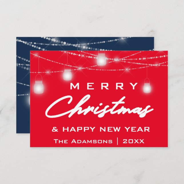 Merry Christmas Name Photo Lights Red Navy Invitation (Front/Back)