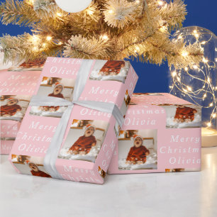 Merry Christmas Name Pink White Photo Collage Wrapping Paper