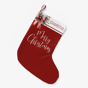 Merry Christmas Name Red Bow Holly Small Christmas Stocking