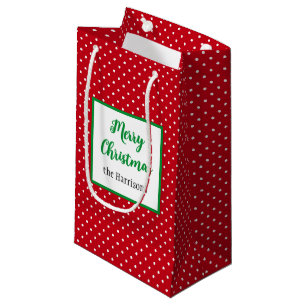 Merry Christmas, Name, Red & White Swiss Dots Small Gift Bag