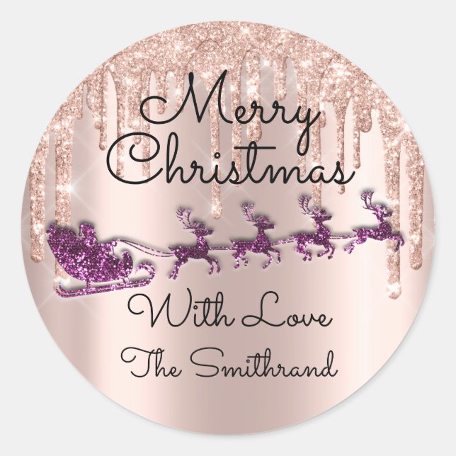 Merry Christmas Name Rose Santa Sleigh Drip Purple Classic Round Sticker (Front)