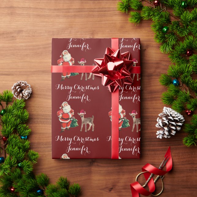 Merry Christmas Name Santa and Reindeer Wrapping Paper (Holiday Gift)
