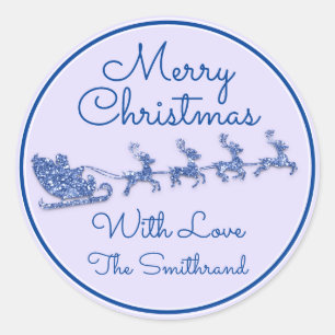 Merry Christmas Name Sleigh Santa Deer Blue Purple Classic Round Sticker