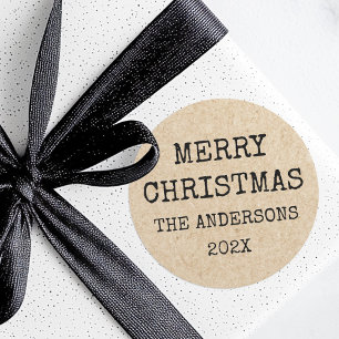 Merry Christmas name typewriter Kraft look Classic Round Sticker