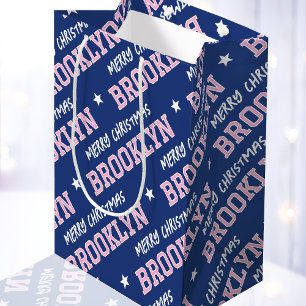 Merry Christmas Name Typography Navy Blue Pink Medium Gift Bag