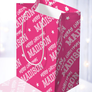 Merry Christmas Name Typography Pink Medium Gift Bag