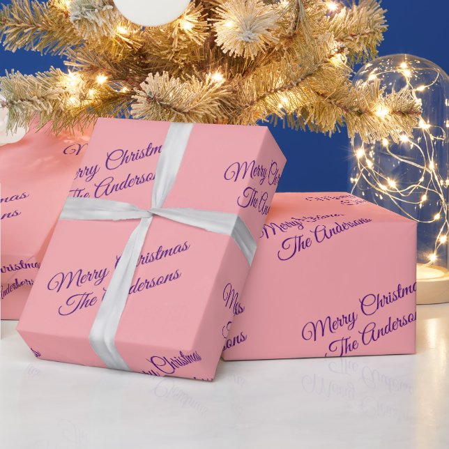 Merry Christmas, Names, Purple Script on Peach Wrapping Paper (Holidays)