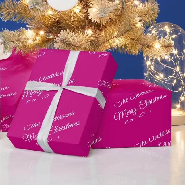 Merry Christmas, Names, White Script on Fuchsia Wrapping Paper (Holidays)