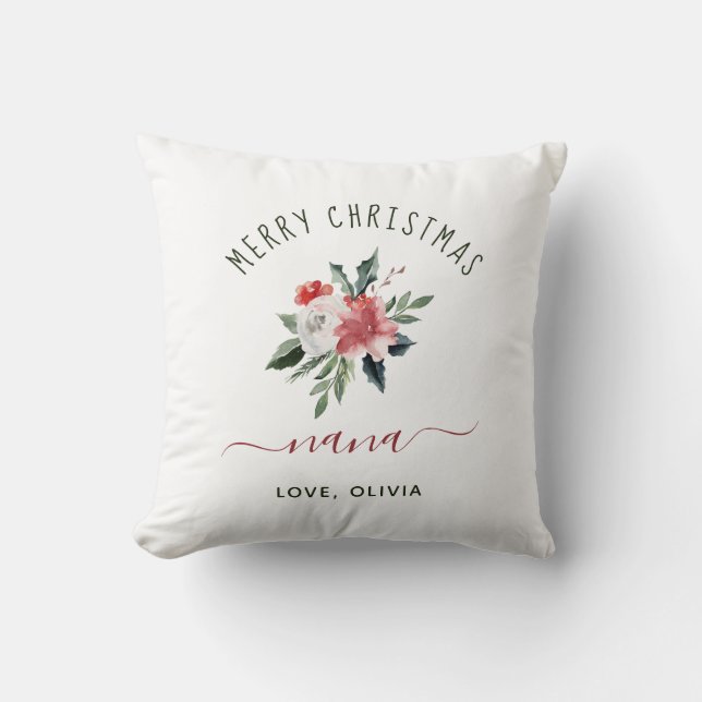 Merry Christmas Nana | Pretty Watercolor Floral Cushion (Front)