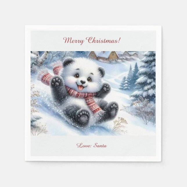 Merry Christmas Napkin! Funny bear on a sled Napkin (Front)