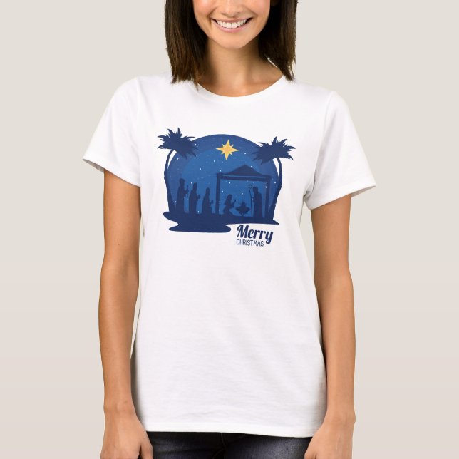 Merry Christmas Nativity Blue T-Shirt (Front)