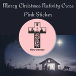 Merry Christmas Nativity Cross Pink Classic Round Sticker<br><div class="desc">A beautiful nativity scene inside the Christian cross saying Merry Christmas. Featuring Joseph and Mary,  and baby Jesus in a manger with the star of Bethlehem & angel above. Trendy pink background with silhouette and black typography.
#Christmas #nativity #pink #cross #Jesus</div>