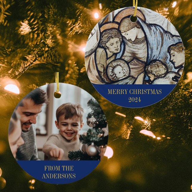 Merry Christmas Nativity Religious Christian Photo Ceramic Tree Decoration (Modern Elegant Blue Merry Christmas Nativity Scene Religious Christian Catholic Photo Ornament)