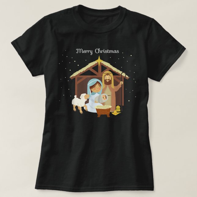 Merry Christmas & Nativity Scene Christian Faith H T-Shirt (Design Front)