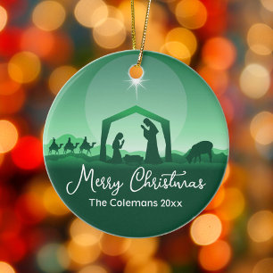 Merry Christmas Nativity Scene Green Religious Ceramic Tree Decoration