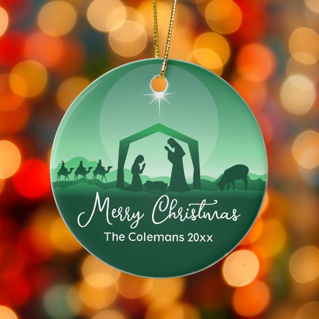 Merry Christmas Nativity Scene Green Religious Ceramic Tree Decoration (Creator Uploaded)