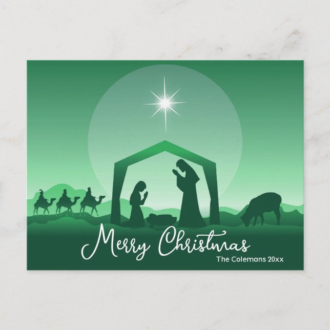 Merry Christmas Nativity Scene Green Religious Holiday Postcard (Front)
