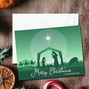 Merry Christmas Nativity Scene Green Religious Holiday Postcard