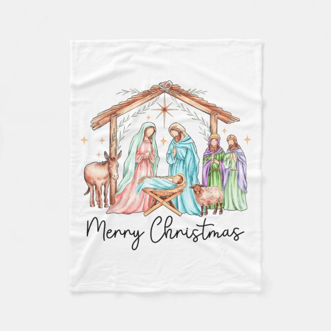 Merry Christmas Nativity Scene North Star Baby Jes Fleece Blanket (Front)