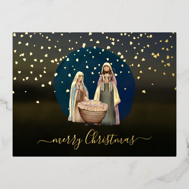 Merry Christmas Nativity Scene Painting Foil Holiday Postcard (Front)