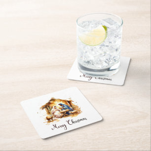 Merry Christmas Nativity Square Paper Coaster