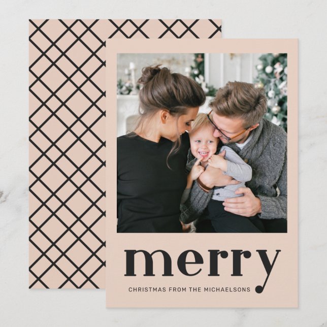 Merry Christmas Natural Plaid Check Photo Holiday Card (Front/Back)