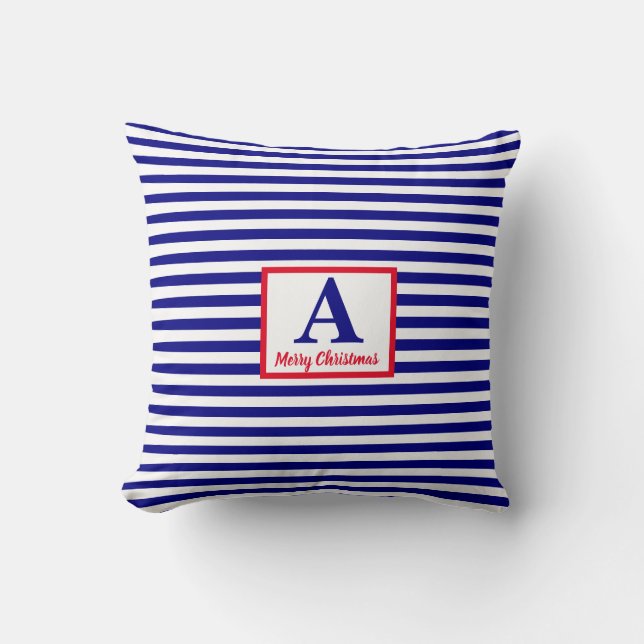 Merry Christmas Nautical Monogram Red Blue White Cushion (Front)