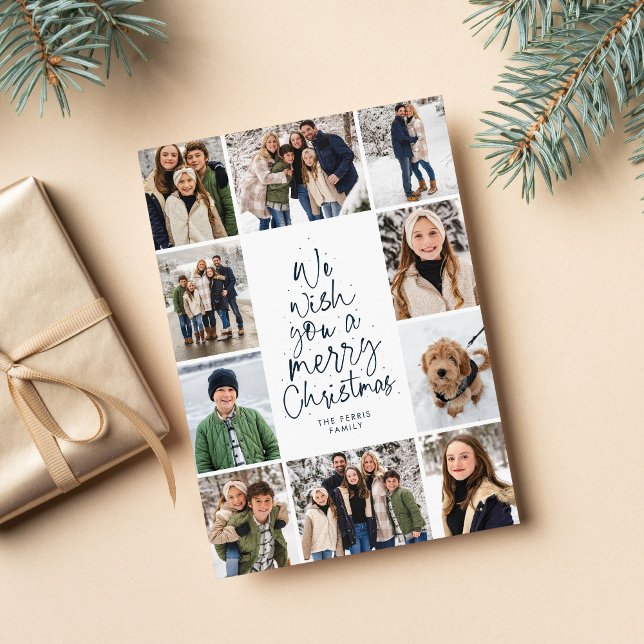 Merry Christmas navy 10 photo fun family collage Holiday Card (Creator Uploaded)