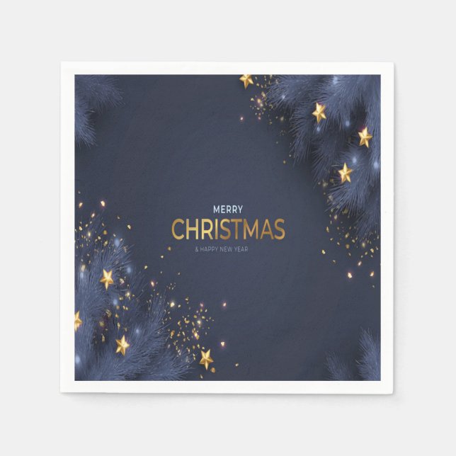Merry Christmas Navy Blue and Gold Typography  Napkin (Front)