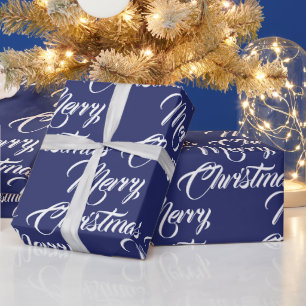 Merry Christmas navy blue custom script elegant Wrapping Paper