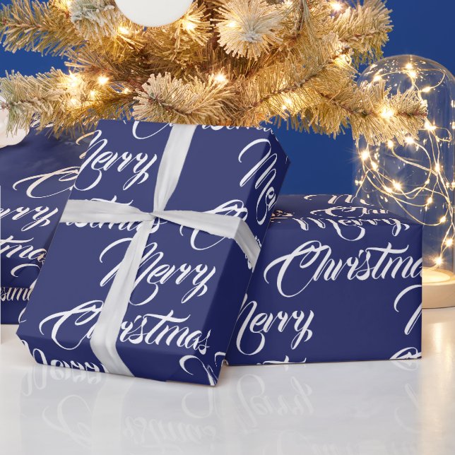 Merry Christmas navy blue custom script elegant Wrapping Paper (Holidays)