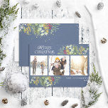 Merry Christmas Navy Blue Gold Botanical Photo Holiday Card<br><div class="desc">Looking for a unique holiday card that will really stand out? Check out our Merry Christmas Navy Blue Gold Winter Greenery Botanical Photo Holiday Card! This beautiful card features three of your favourite photos, surrounded by festive red and green winter motifs on a navy blue background. Modern typography completes the...</div>