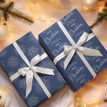 Merry Christmas Navy Blue Personalised Wrapping Paper Sheet<br><div class="desc">This design features a merry Christmas navy blue wrapping paper,  with a stylish sparkle,  a simple pattern,  a classic snow,  a traditional winter,  with a minimalist rustic,  calligraphy script,  typography design and silver snowflake,  with family name.</div>