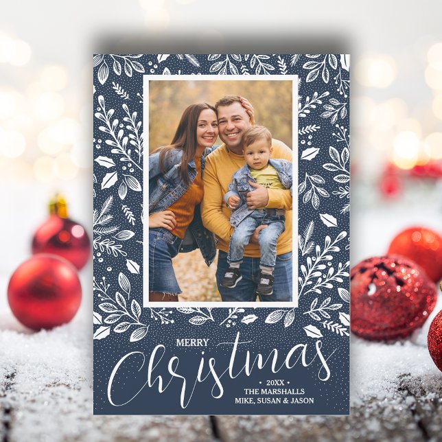 Merry Christmas Navy Blue Photo Holiday Card (White botanicals on blue Merry Christmas photo holiday cards, PRINTED and/or INSTANT DOWNLOAD)