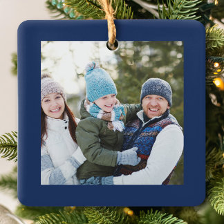 Merry Christmas Navy Blue Photo Script Ceramic Ornament