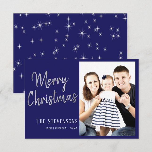 Merry Christmas | Navy Blue Silver Grey Photo Card (Front/Back)