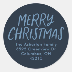 Merry Christmas navy blue simple return address Classic Round Sticker