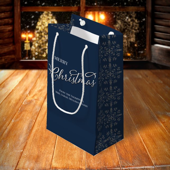Merry Christmas Navy Blue Snowflake Calligraphy Small Gift Bag (Merry silver calligraphy script navy blue snowflake pattern gift bag, )