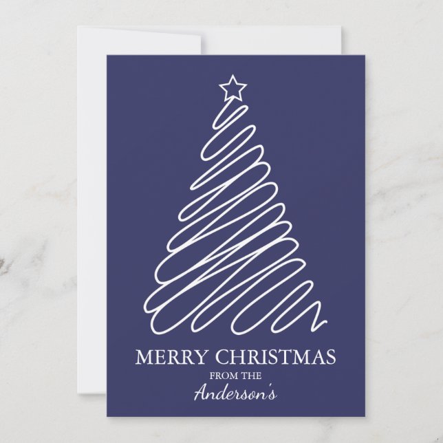 Merry Christmas Navy Blue White Scribble Tree Holiday Card (Front)