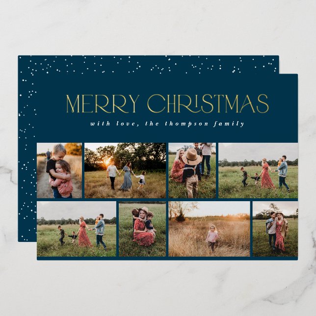 Merry Christmas Navy Gold Silver Multiple Photo Foil Holiday Card (Front/Back)