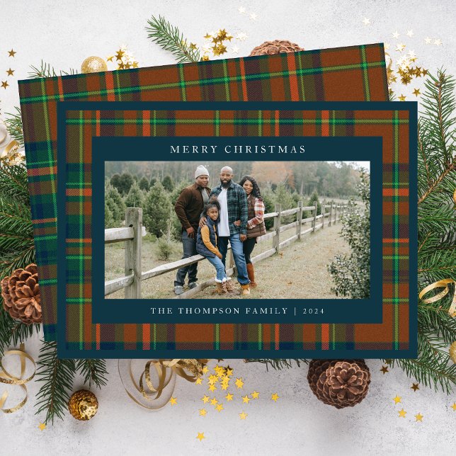 Merry Christmas Navy Plaid Flannel Family Photo Holiday Card (Creator Uploaded)