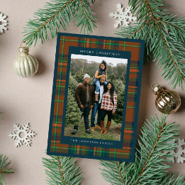 Merry Christmas Navy Plaid Flannel Family Photo Holiday Card