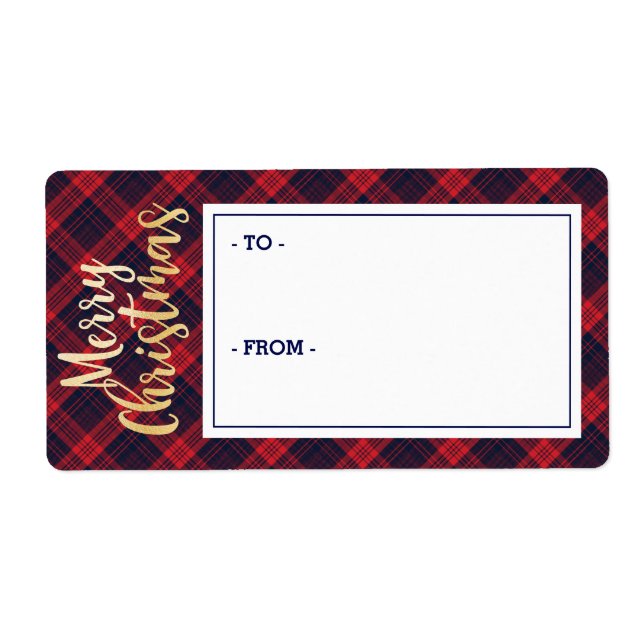Merry Christmas Navy & Red Plaid Sticker Gift Tag (Front)