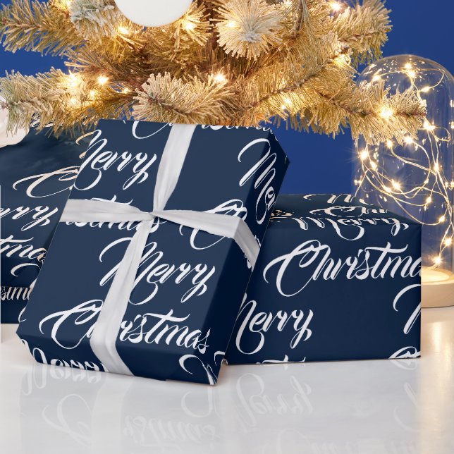 Merry Christmas navy white custom script elegant Wrapping Paper (Holidays)