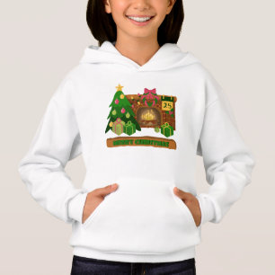 Merry Christmas near fireplace bonfire xmas tree