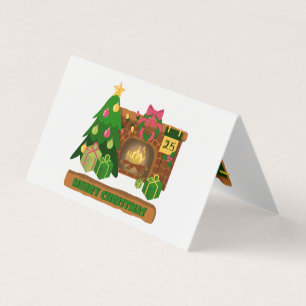 Merry Christmas near fireplace bonfire xmas tree