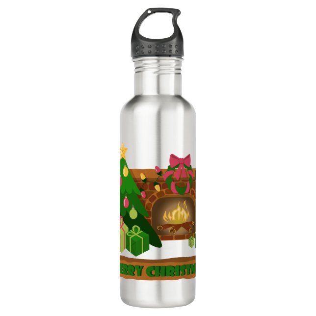 Merry Christmas near fireplace bonfire xmas tree 710 Ml Water Bottle (Front)