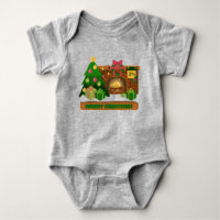 Merry Christmas near fireplace bonfire xmas tree