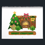 Merry Christmas near fireplace bonfire xmas tree Calendar<br><div class="desc">Lettering Merry Christmas near cosy fireplace</div>