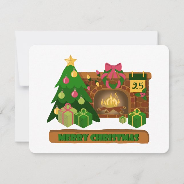 Merry Christmas near fireplace bonfire xmas tree Card (Front)